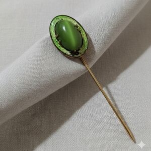 Vintage Green Guilloche Enamel Stick Pin Cat Eye Glass